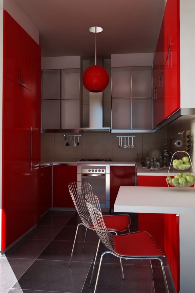 красная яркая глянцевая угловая п-образная кухня модерн