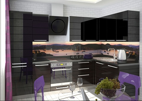 
                                                    современная черная темная угловая комбинрованная кухня модерн из мдф и глянцевого черного стекла купить в челябинске                                                